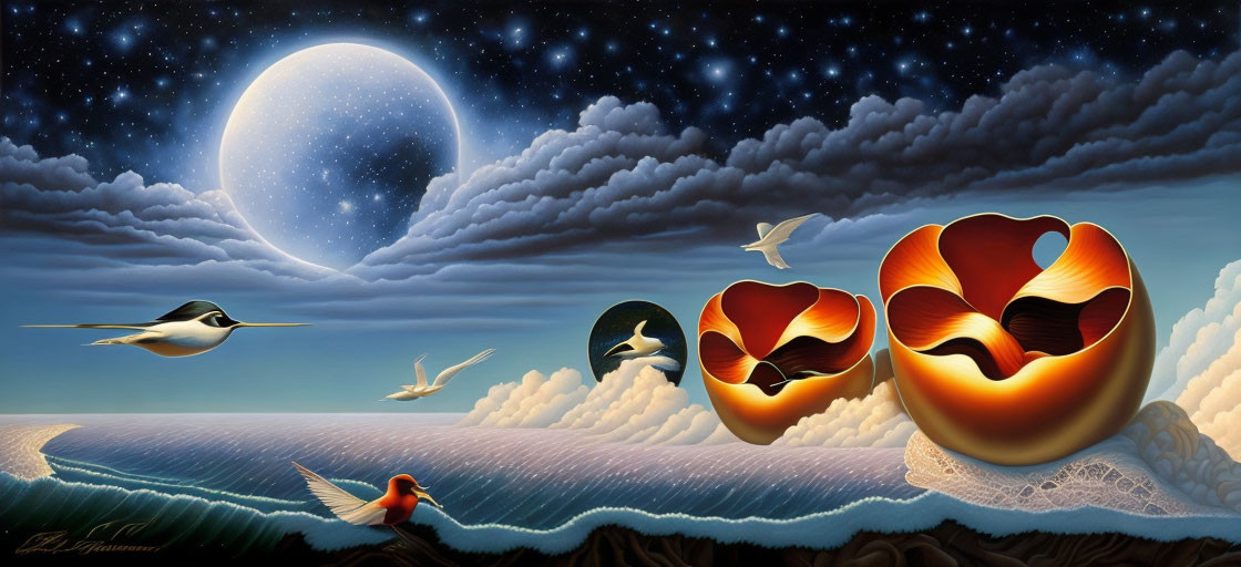 Surreal image of heart-shaped flowers, birds, moon, stars, and ocean waves