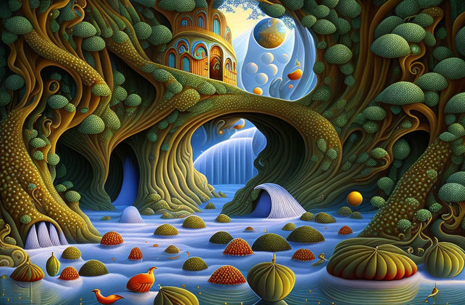 Fantasy landscape with tree-house, spherical foliage, waterfall, moon, and aquatic life in blue water