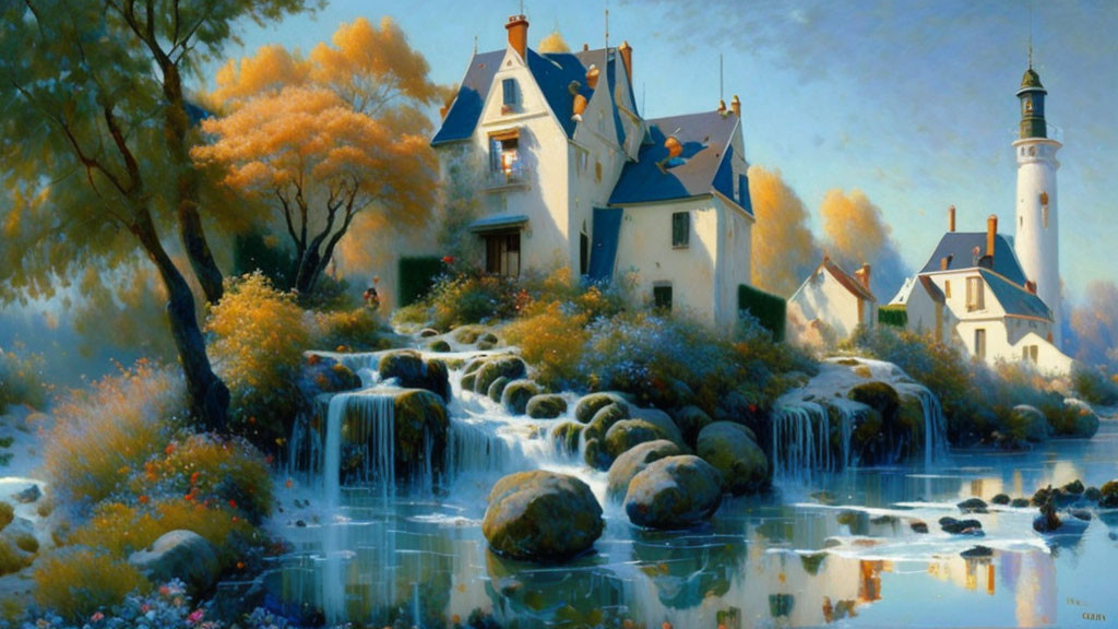 European-Style Village with Lighthouse, Waterfalls, and Autumn Foliage