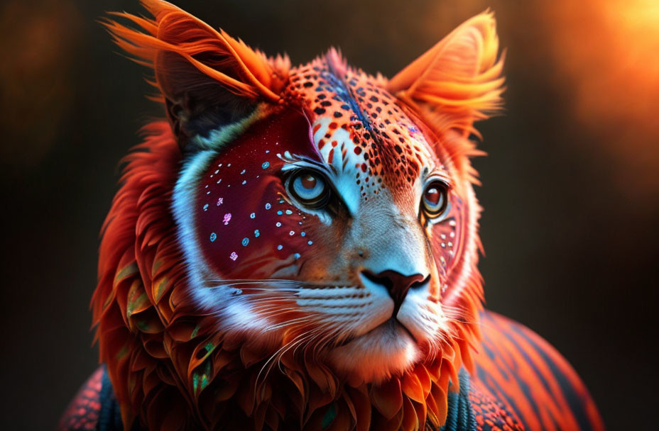 Human-Tiger Blend with Orange-Red Fur and Blue Eyes