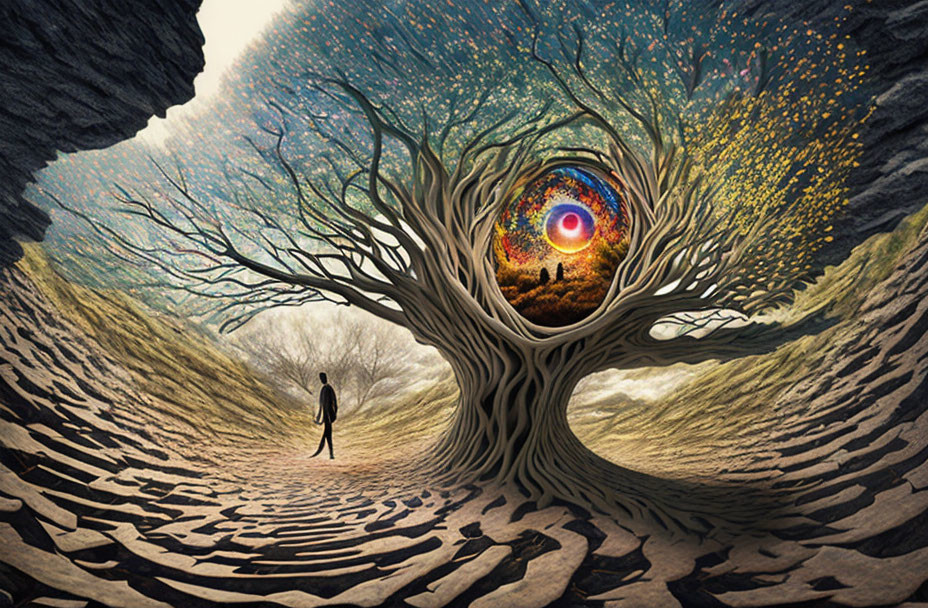 Surreal tree with colorful eye in swirling landscape