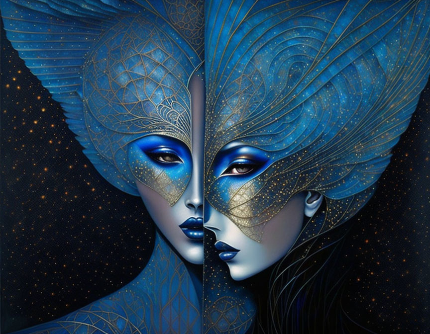 Symmetrical faces with blue patterns and stars depicting cosmic entities.