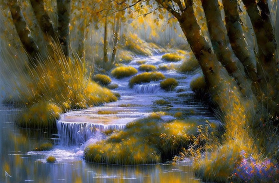 Tranquil forest stream painting with sunlight filtering through birch trees