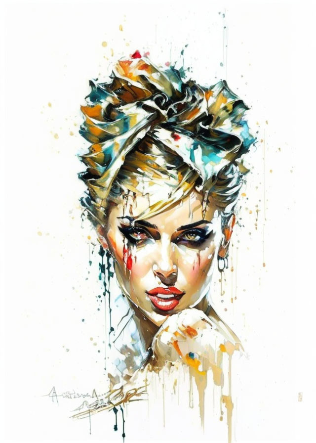 Vibrant watercolor painting of a woman with stylish updo and dramatic makeup