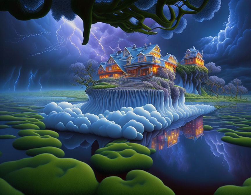 Victorian-style houses on whimsical cliff with stormy sky and lightning