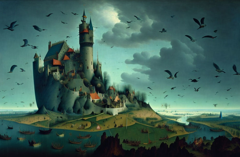 Fantastical landscape with castle, birds, boats, and hills under moody sky