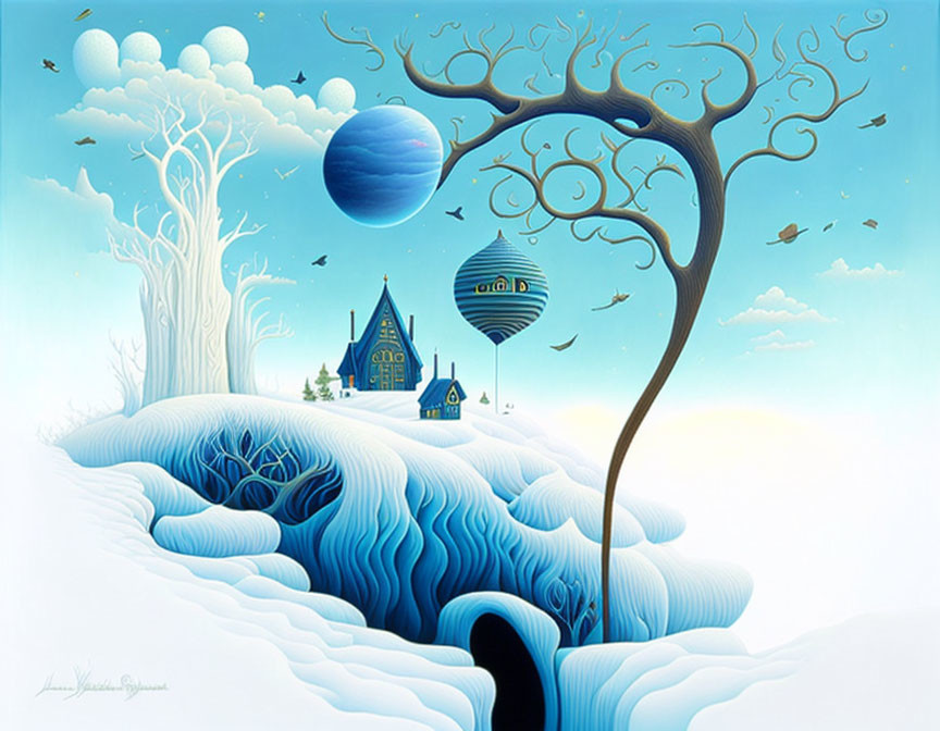 Whimsical winter landscape with surreal elements and castle