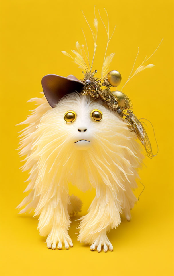 Fluffy white creature with brown hat on yellow background