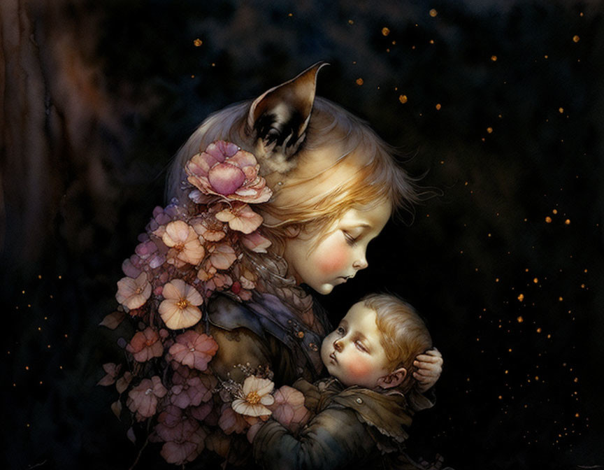 Child with Animal Ears Cuddling Smaller Child in Floral Scene