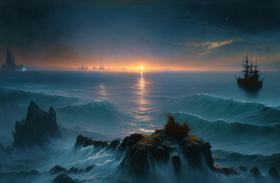 Sunset seascape with crashing waves and sailing ships in dramatic scenery