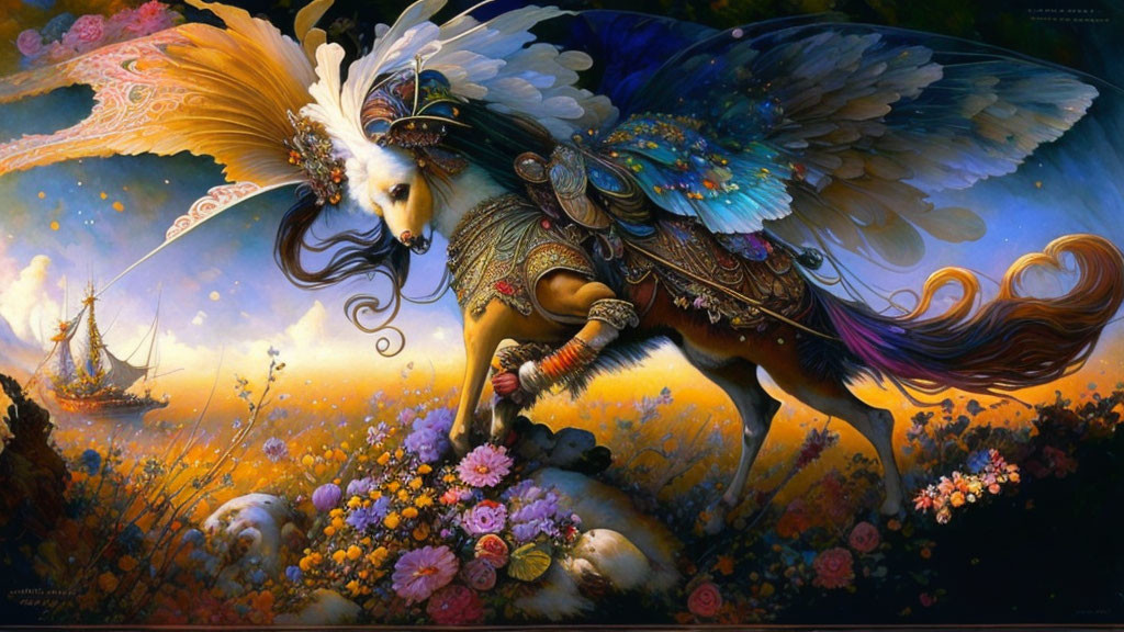 Winged horse in ornate armor among vibrant flowers at sunset