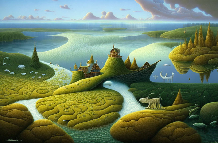 Surreal landscape with green hills, lake, arboreal structures, and animals