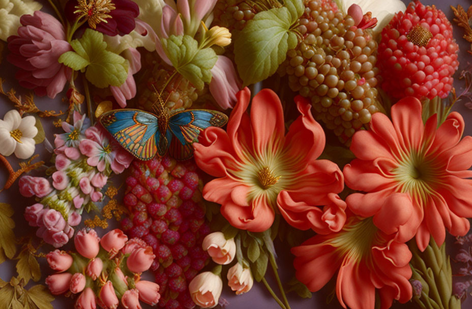 Colorful flowers, berries, and butterfly in vibrant display.