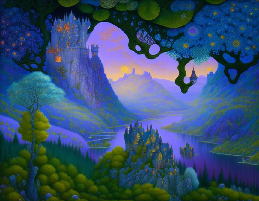 Twilight fantasy landscape with violet hues, castles, river, and mystical flora