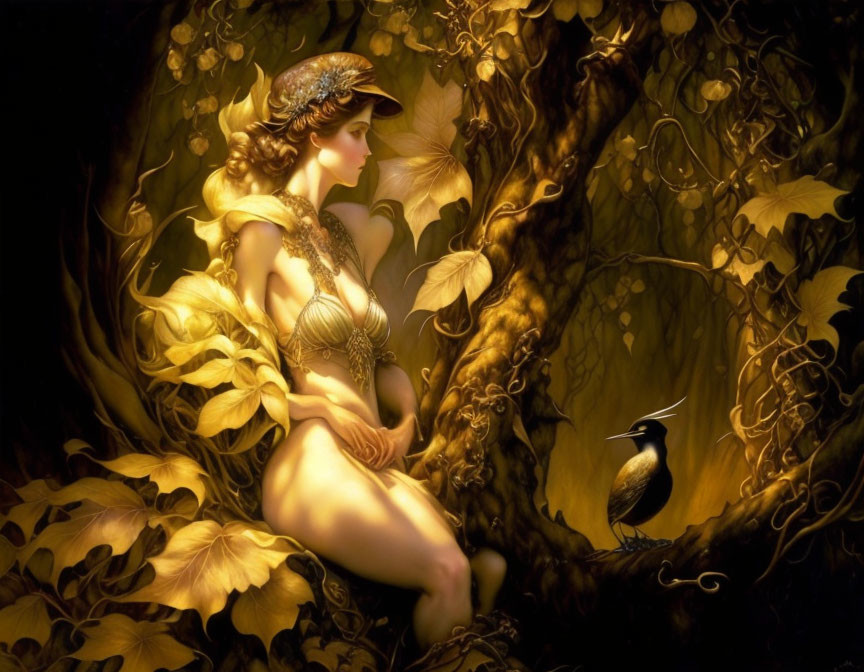 Fantasy artwork of elfin woman with black bird in golden forest