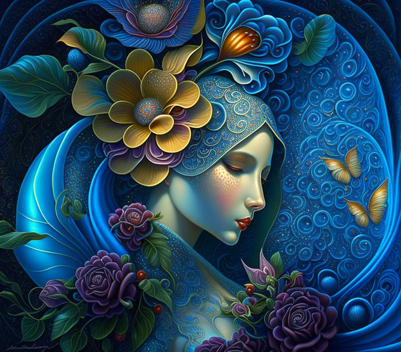 Colorful digital artwork of woman's face with floral patterns and butterflies