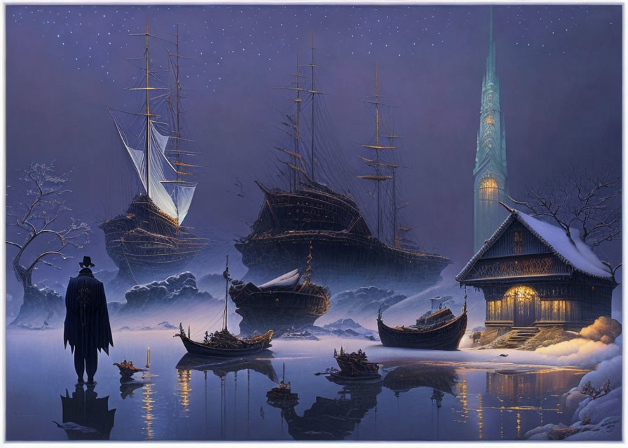 Person overlooking snowy shore, old ships, lit cabin, starry sky, mysterious tower.