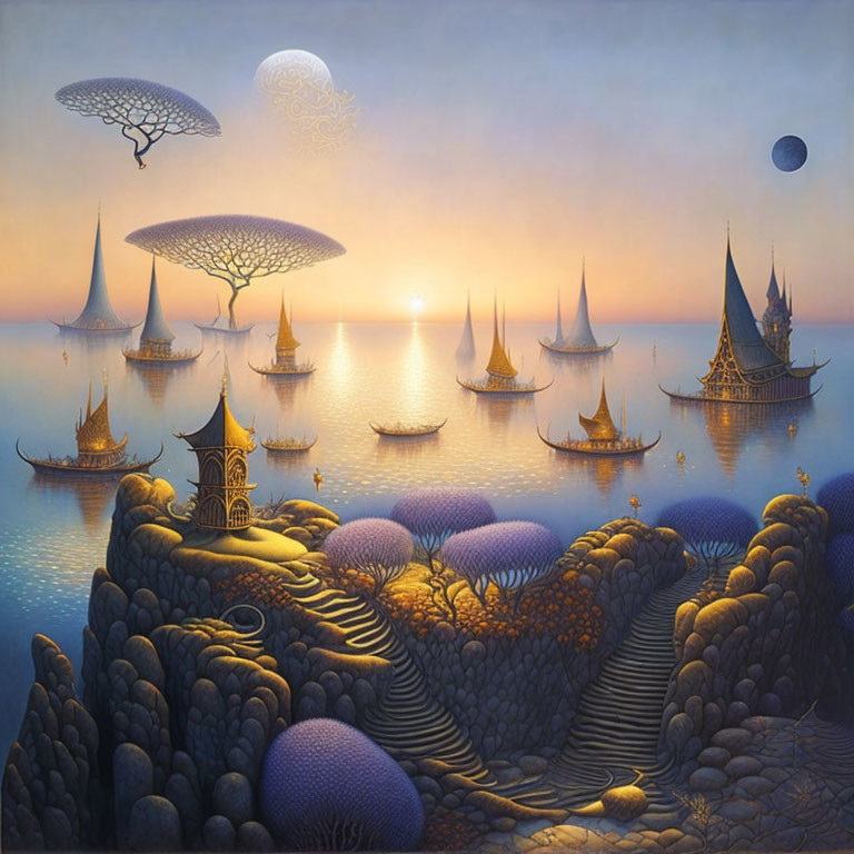 Surreal painting of tranquil sea with floating temples and sailboats at sunset