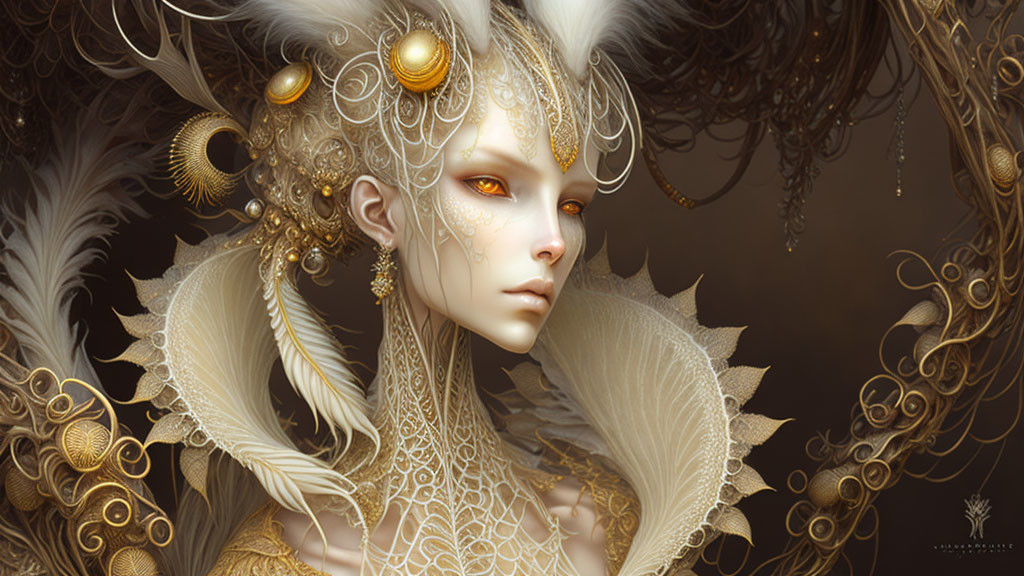 Pale-skinned figure with golden headdress & jewelry, embodying ethereal royalty