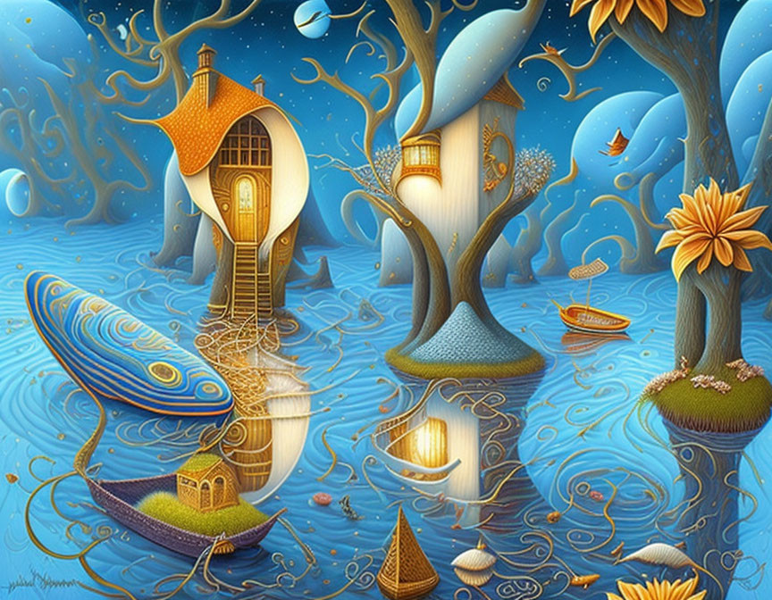 Surreal landscape with floating islands, treehouses, whale, boats & blue trees