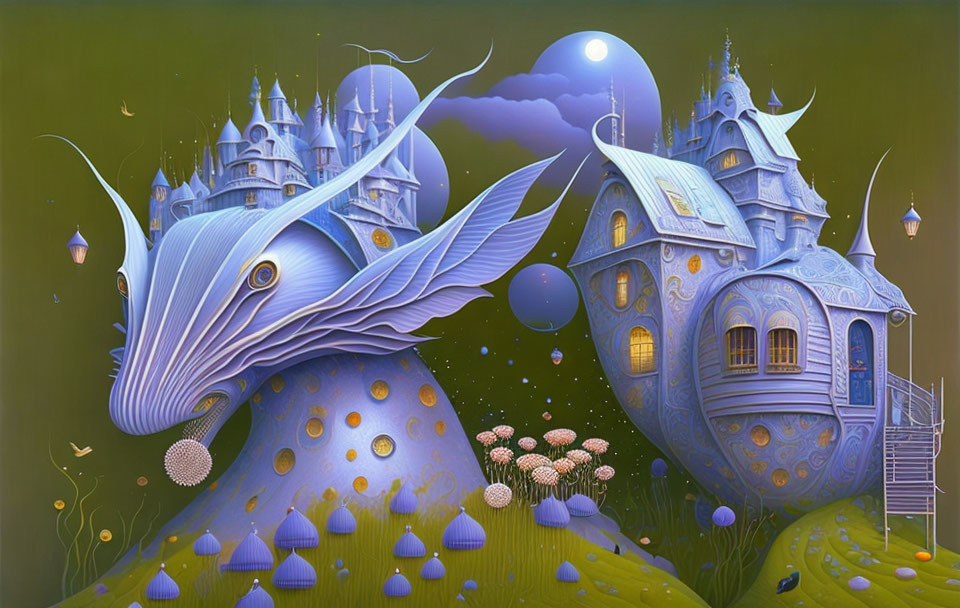 Surreal landscape painting with blue castle-topped snails, mushrooms, night sky