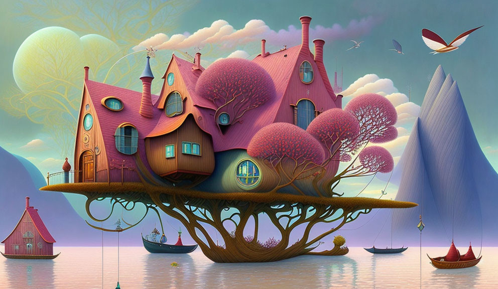 Fantastical treehouse with pink foliage and serene backdrop.