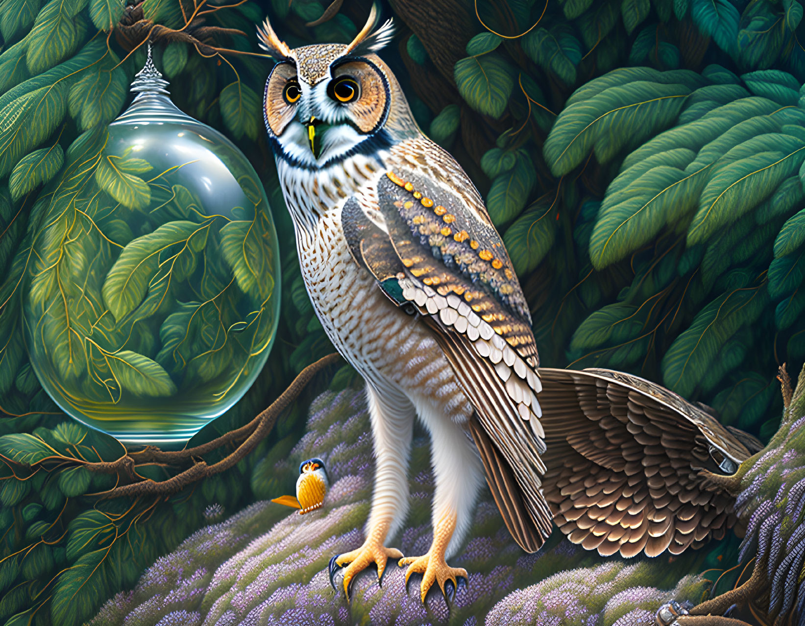 Detailed Owl and Glass Bulb Illustration Among Greenery