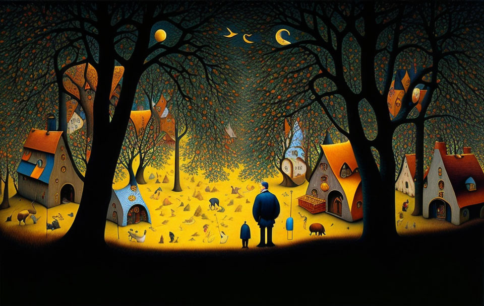 Person standing among vibrant trees and houses with cats under crescent moon