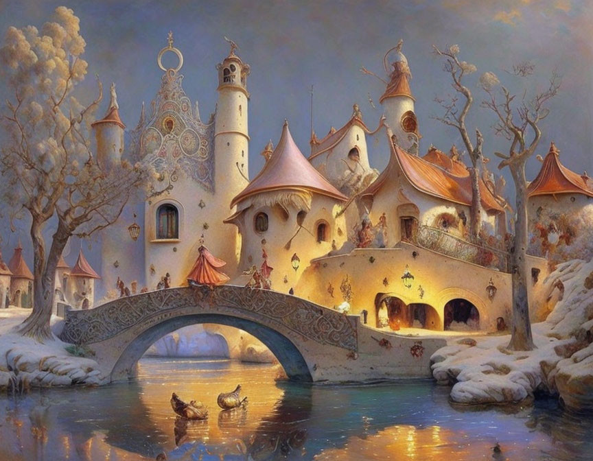 Fairytale castle with clock tower and snowy landscape