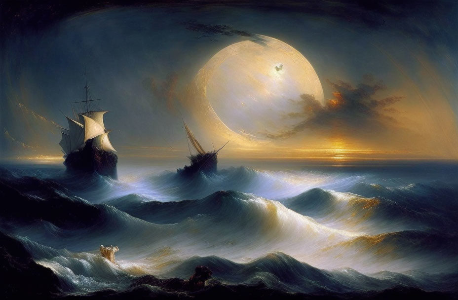 Sailing ships under large moon and golden sunlight on tumultuous seas