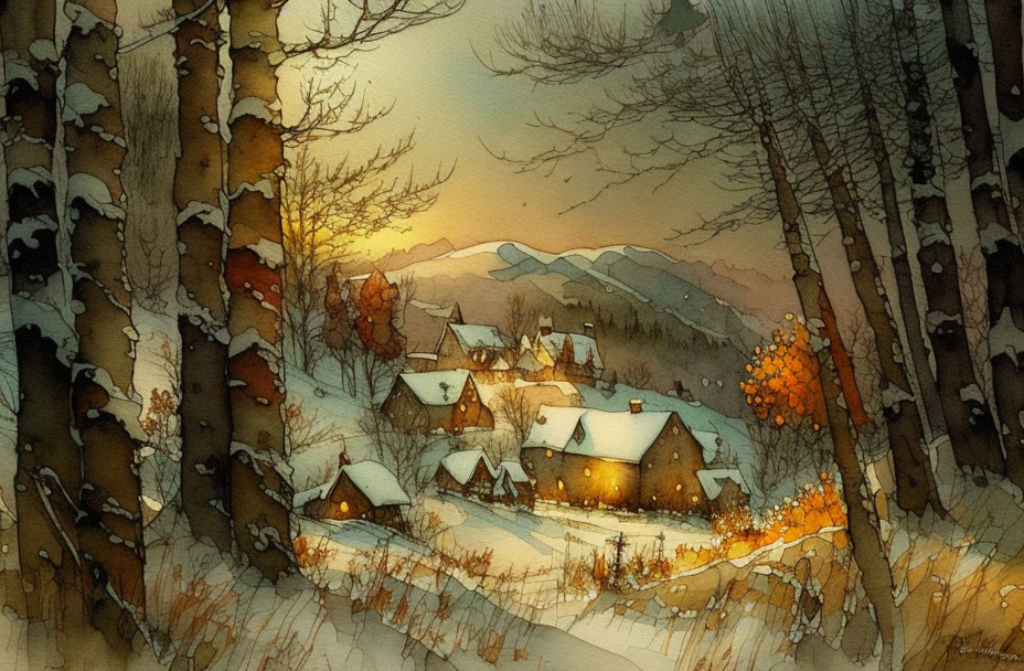 Snowy village watercolor painting: Sunset scene with glowing lights