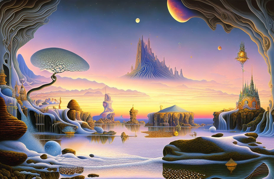 Fantastical landscape with surreal structures and multiple moons