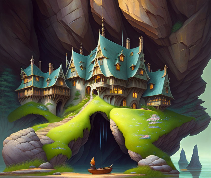 Illustration of fairy-tale mansion on cliff with waterfall, boat, and rock formations