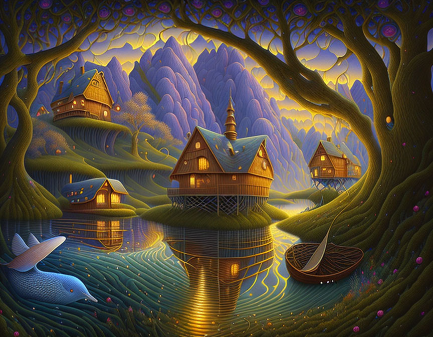 Enchanting twilight forest with whimsical tree-houses, serene river, boat, and blue fish