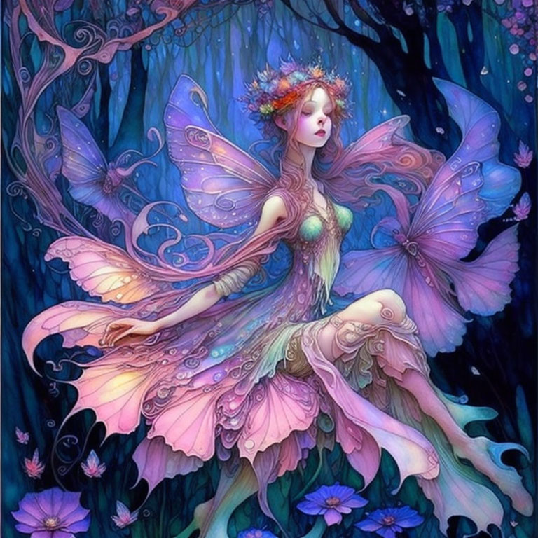 Serene fairy with delicate wings in mystical forest landscape