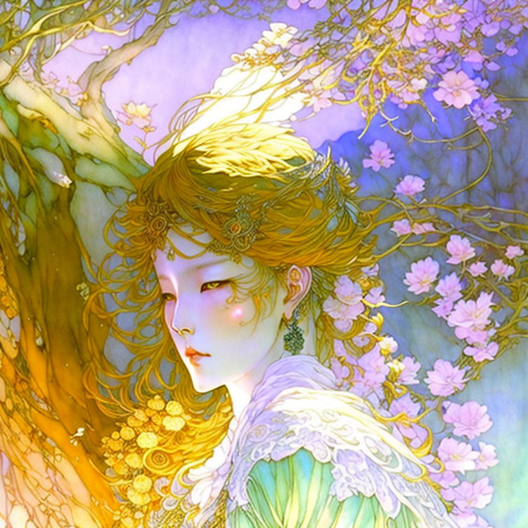 Mystical woman with golden hair accessories among cherry blossoms