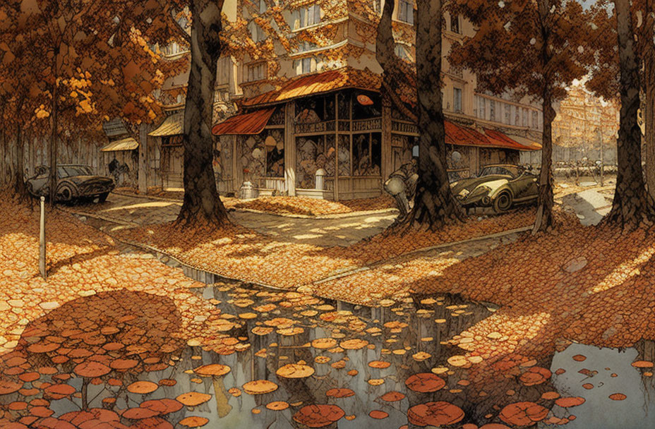 Autumn street cafe illustration with fallen leaves and vintage cars