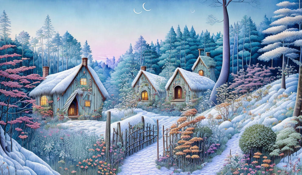 Snow-covered thatched cottages in whimsical winter forest scene