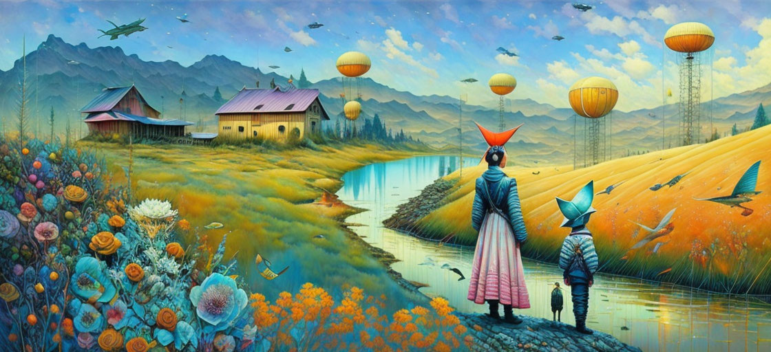 Colorful landscape with traditional attire person, hot air balloons, river, flowers, houses, and paper