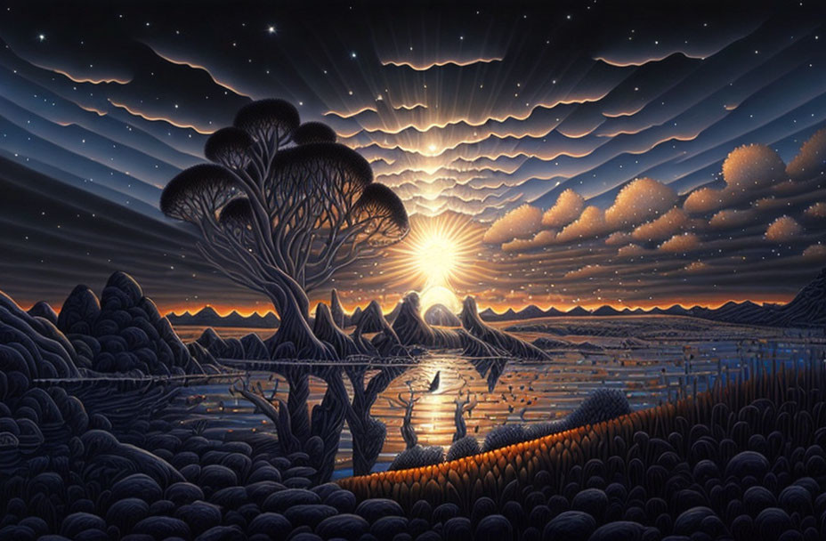 Surreal landscape with unique trees under starry sky and central sun reflected on water