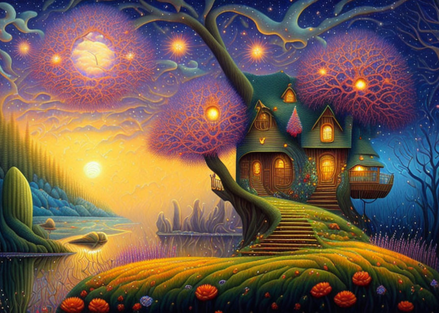 Colorful Fantasy Treehouse Scene with River and Glowing Orbs