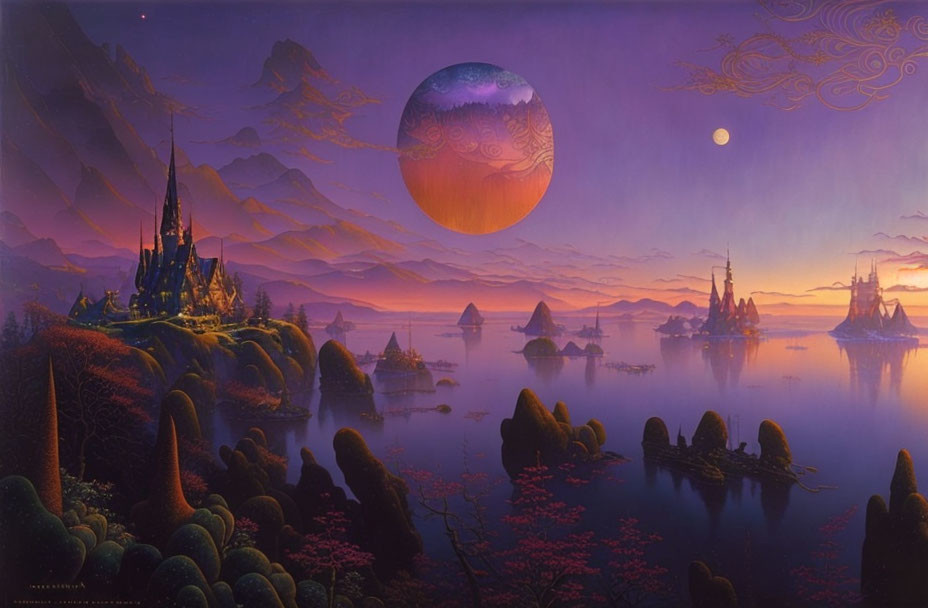 Vibrant Twilight Fantasy Landscape with Castles and Moon