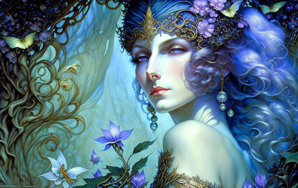 Fantastical woman with golden headgear, flowers, butterflies, blue and purple colors