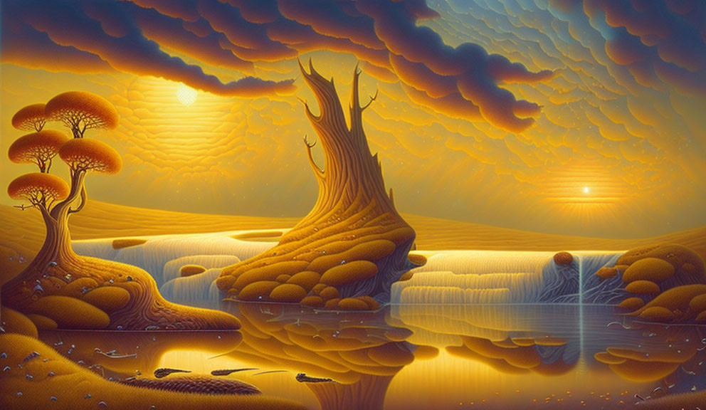 Surreal landscape with golden sunset, calm river, unique trees, undulating terrain