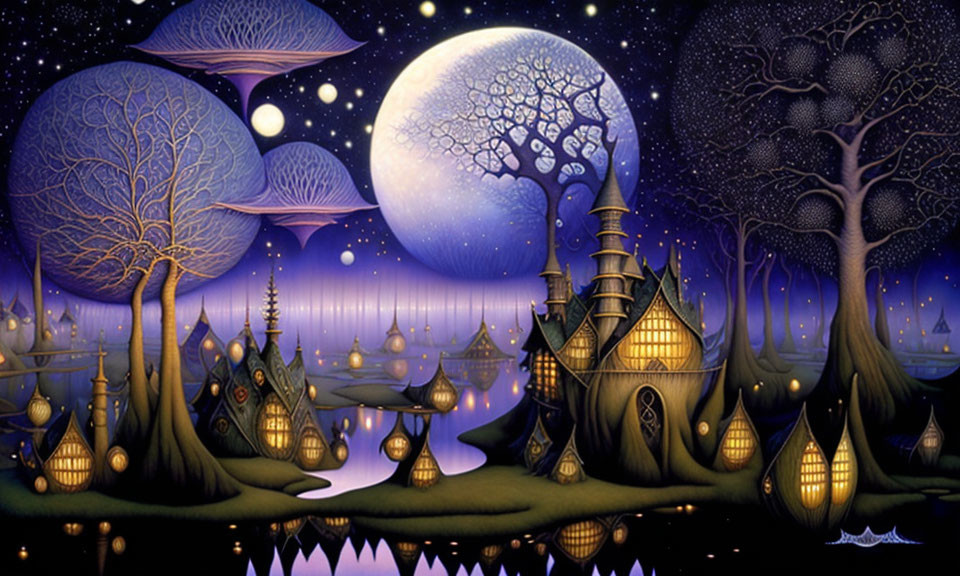 Whimsical night fantasy landscape with moonlit houses and stylized trees