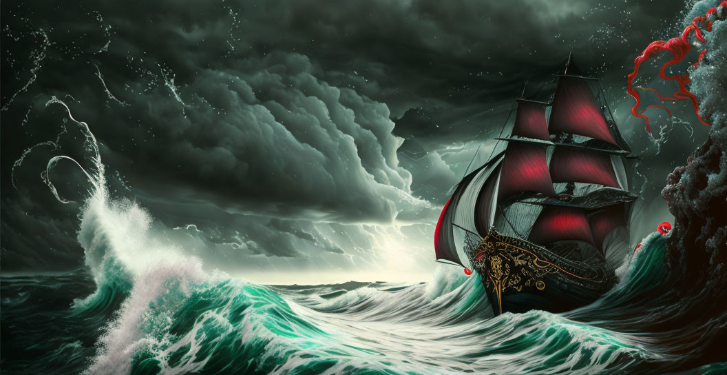 Stormy Seascape with Ship and Red Sails in Dark Setting