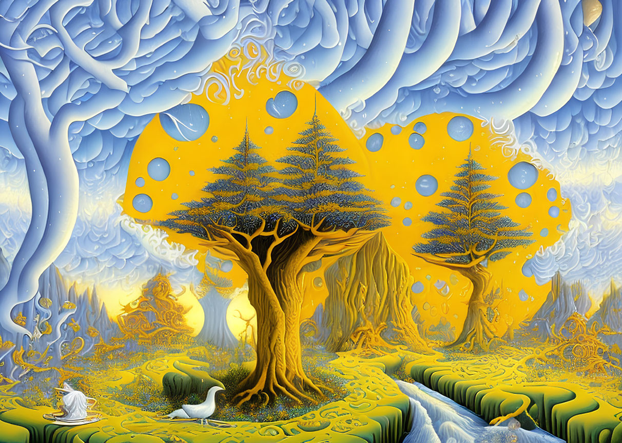 Vibrant yellow and blue surreal landscape with stylized trees and a white swan