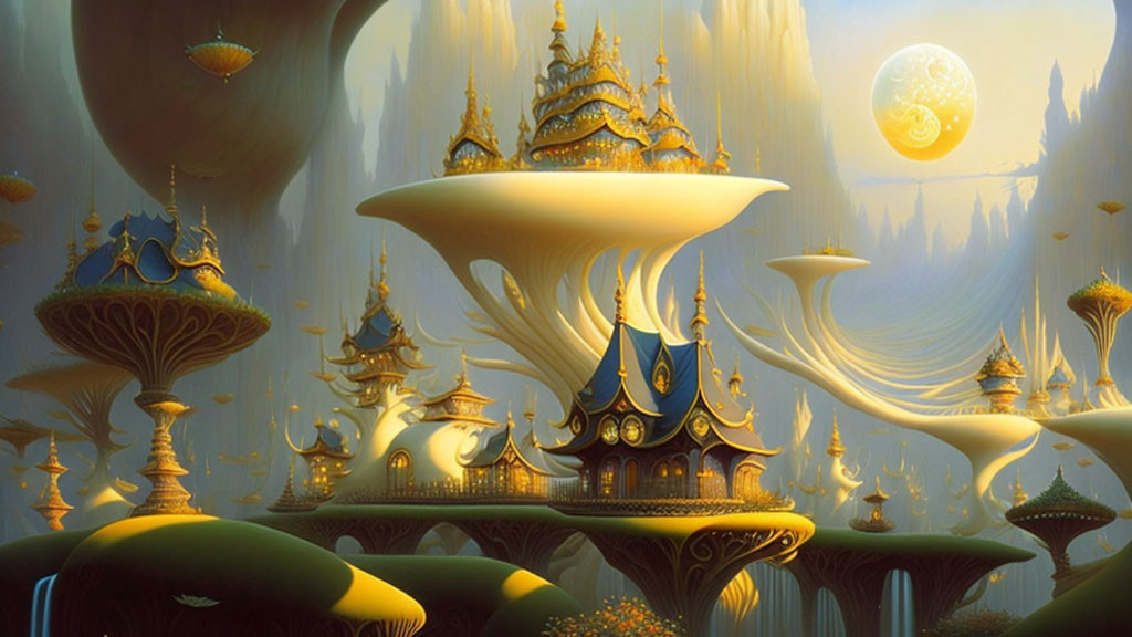 Fantastical landscape with towering mushroom-like structures and ornate buildings under a glowing moon in a dream