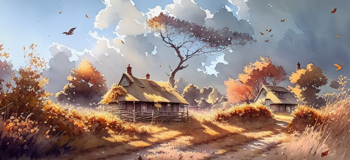 Tranquil autumn scene with rustic cottages, falling leaves, and birds in warm light