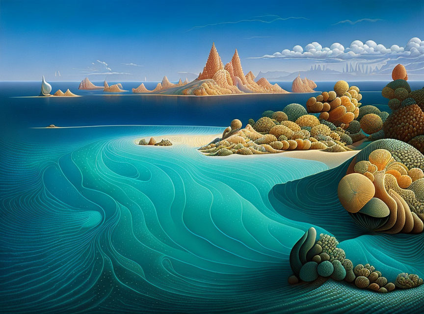 Surreal landscape with water patterns, colorful coral formations, mountains, sailboats